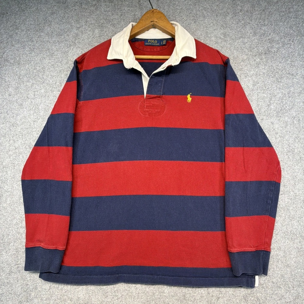 Polo Ralph Lauren Mens L Rugby Shirt Long Sleeve Navy Blue Red Striped
